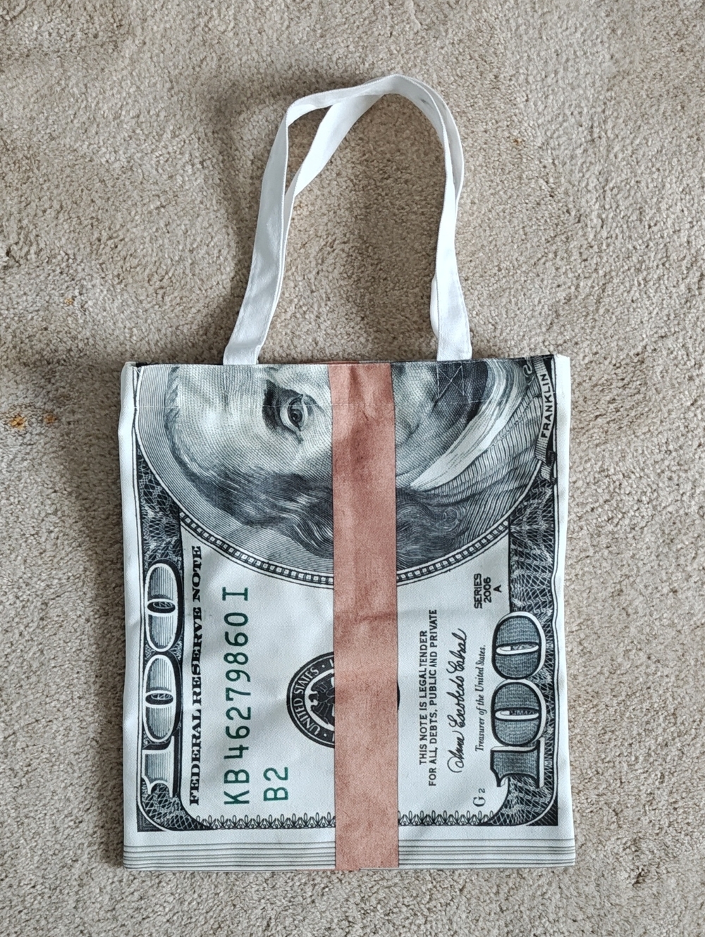 Novelty Money-Print Canvas Tote Bag in White and Green